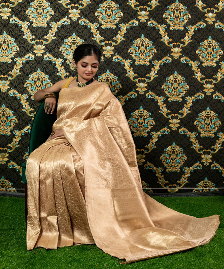Beige handloom silk fekua jaal design banarasi saree