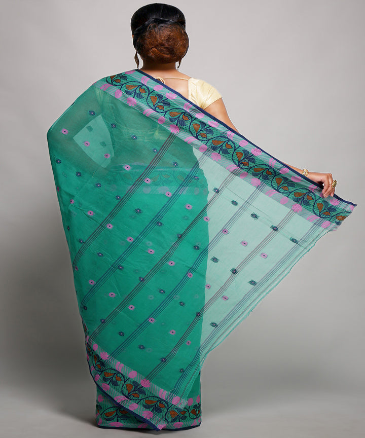 Cyan green handwoven tangail tant cotton bengal saree