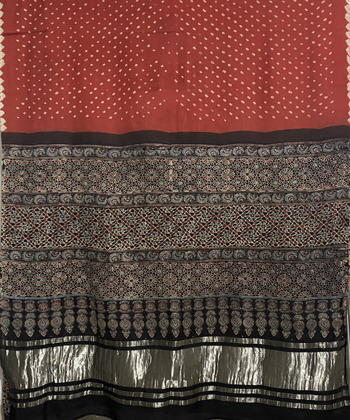 Maroon black hand printed bandhani modal silk saree