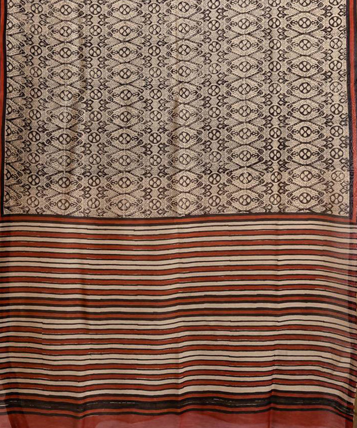 Grey hand block printed chanderi cotton silk ghiccha saree