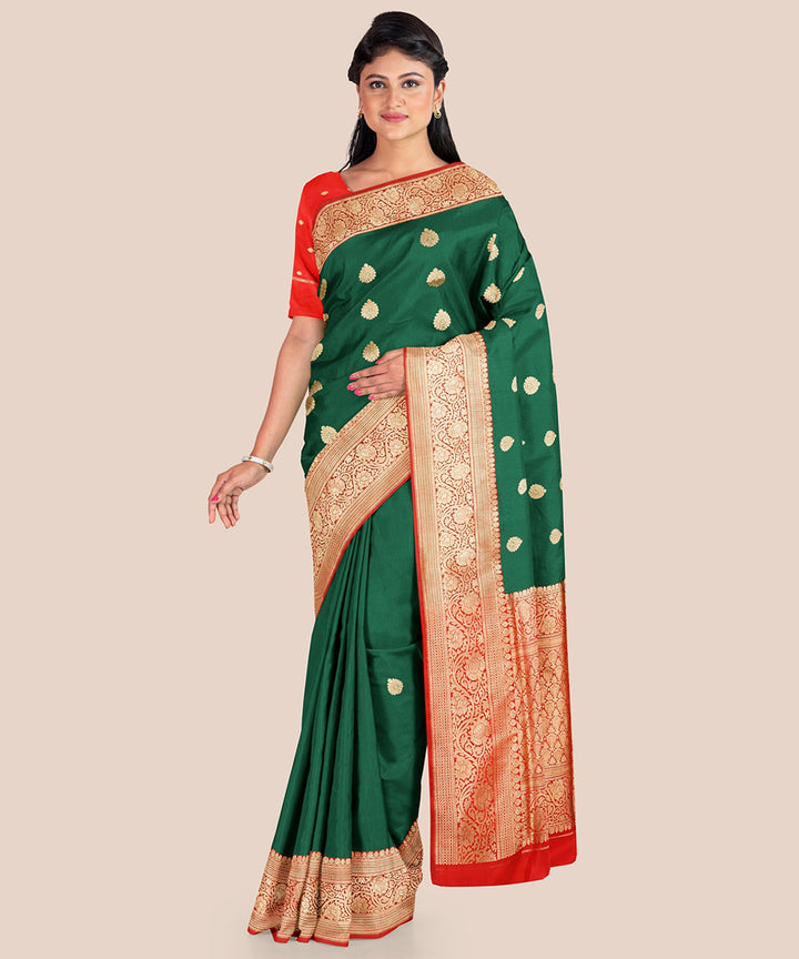 Dark green and red silk handloom banarasi saree