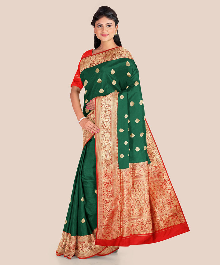 Dark green and red silk handloom banarasi saree