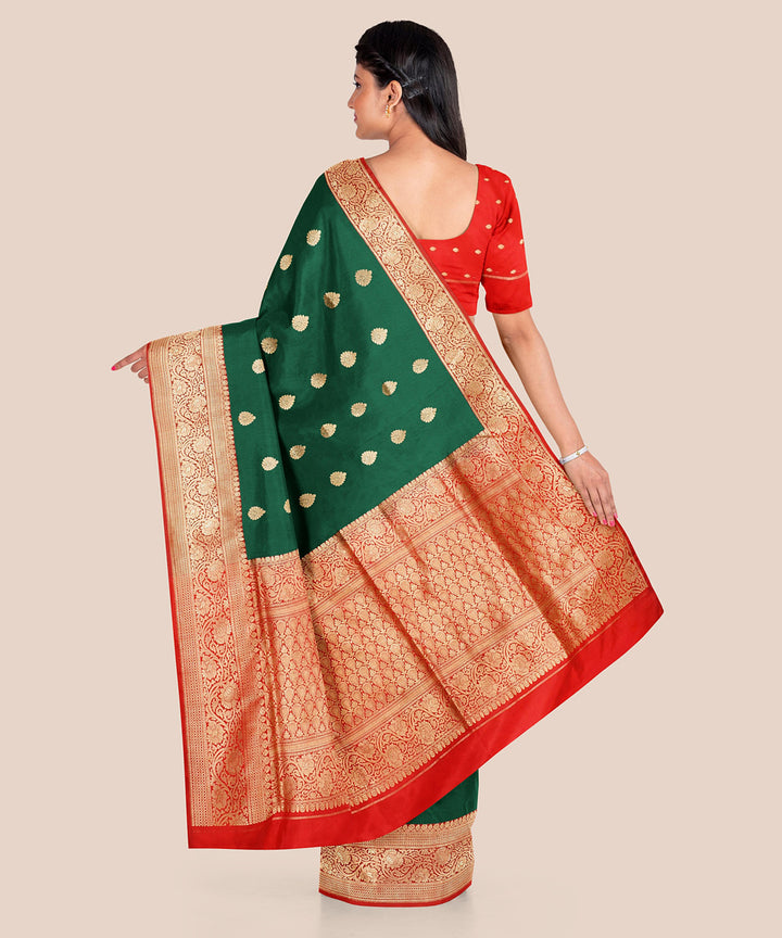 Dark green and red silk handloom banarasi saree