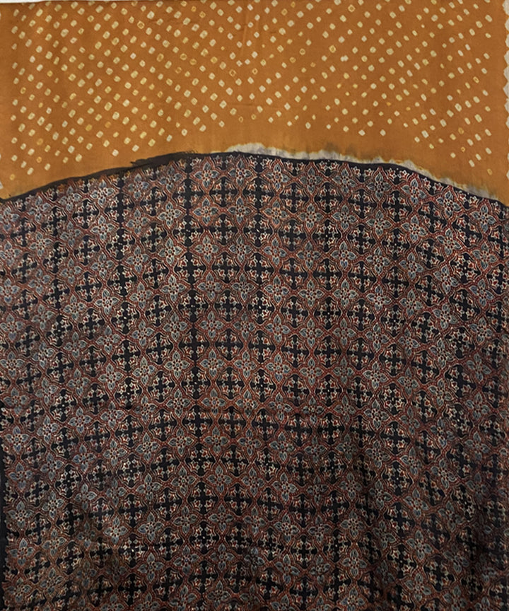 Mustard black hand printed bandhani modal silk saree