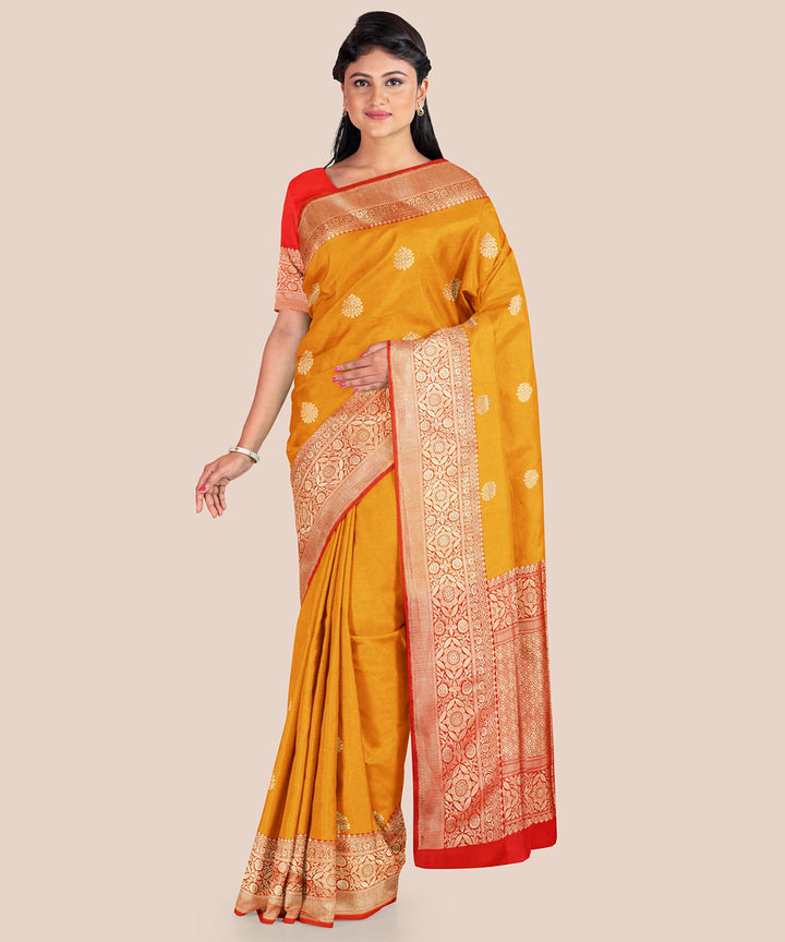 Mustard and red silk handwoven banarasi saree