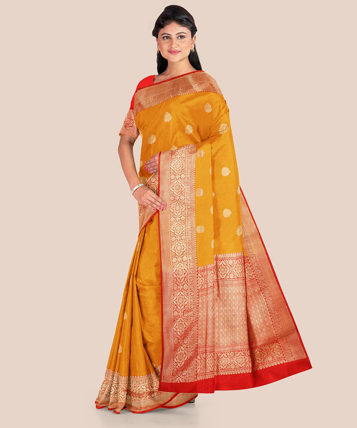 Mustard and red silk handwoven banarasi saree