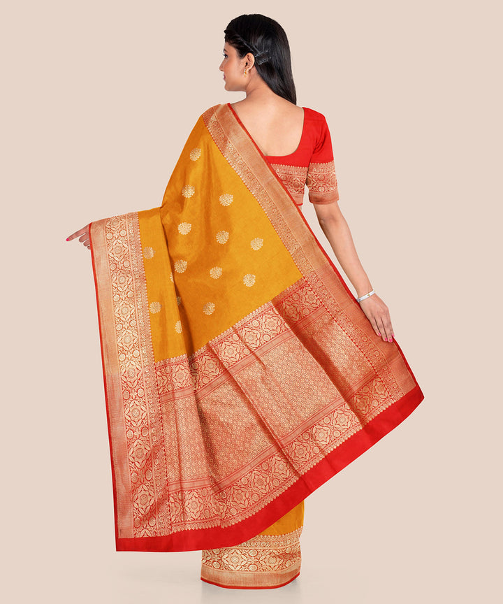 Mustard and red silk handwoven banarasi saree