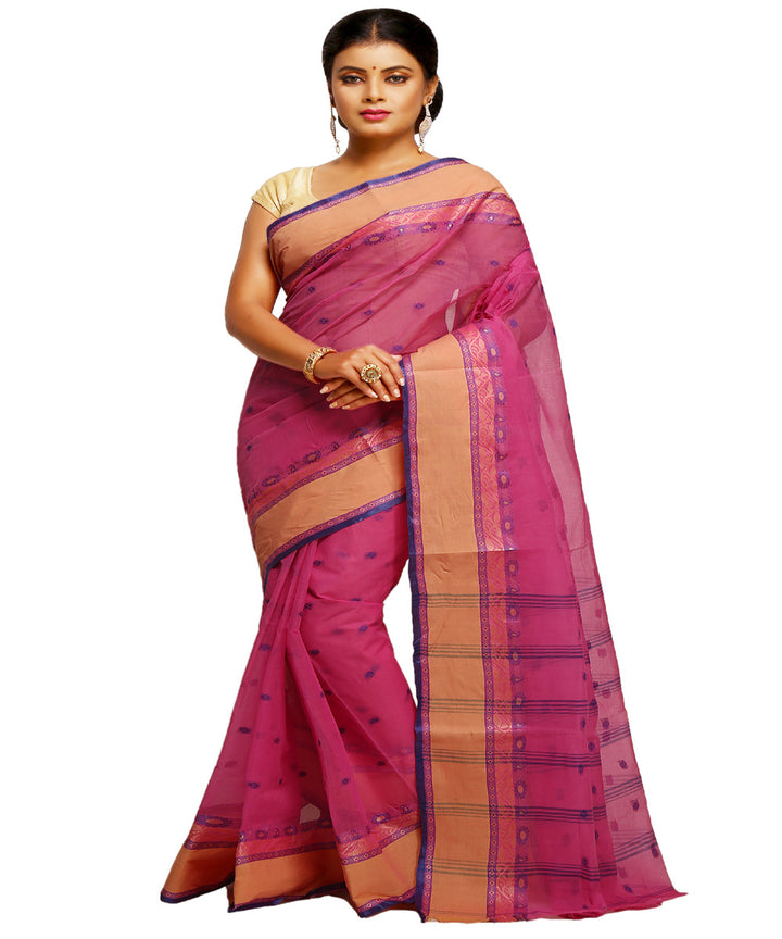 Pink beige handwoven tangail tant cotton bengal saree