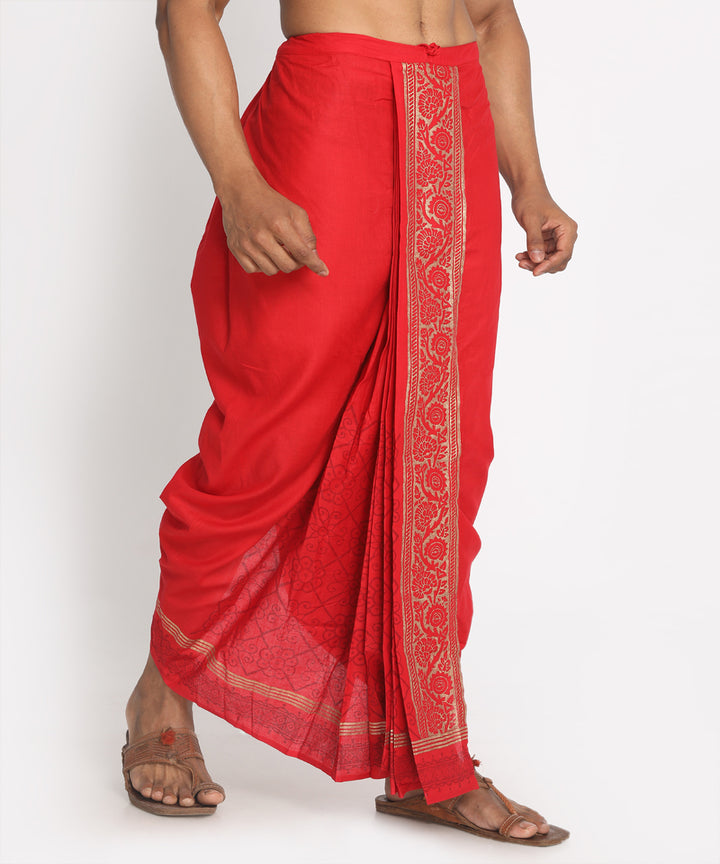 Red cotton floral pattern ready to wear stitched handblock print dhoti