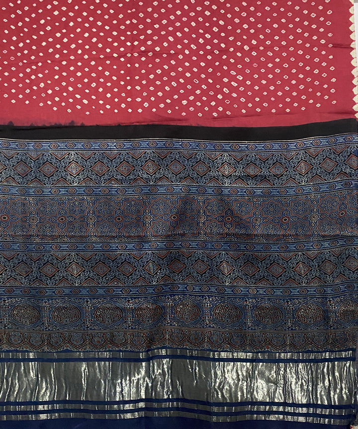 Pink blue hand printed bandhani modal silk saree