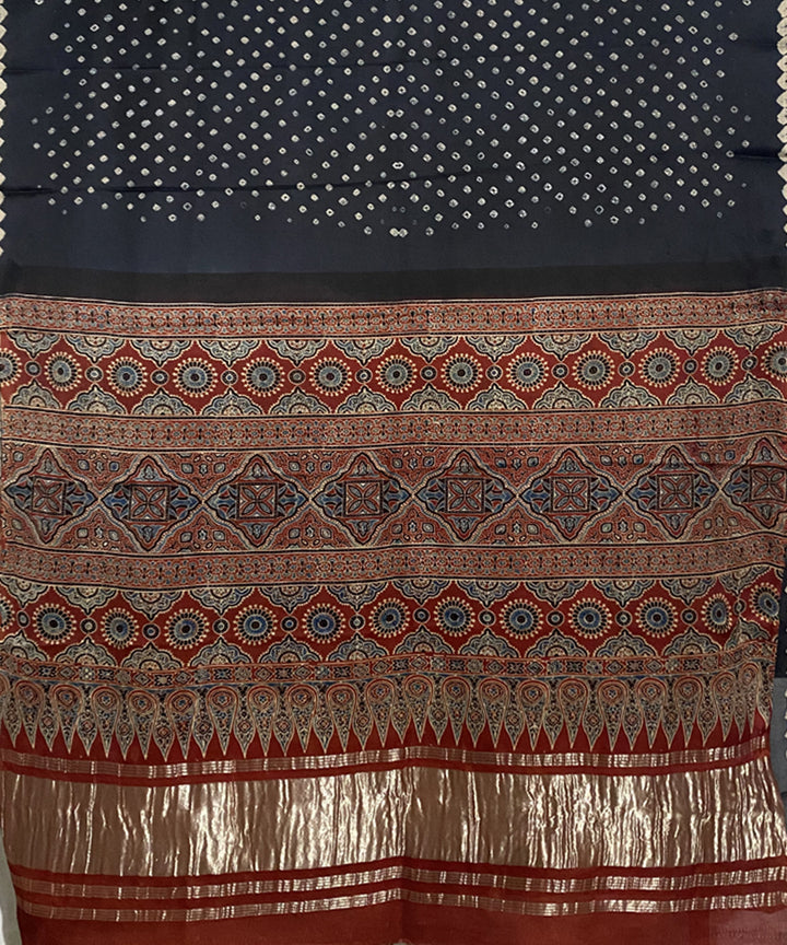 Black maroon hand printed bandhani modal silk saree