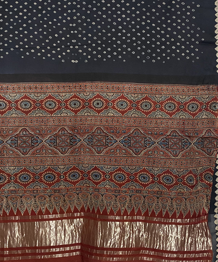 Black maroon hand printed bandhani modal silk saree