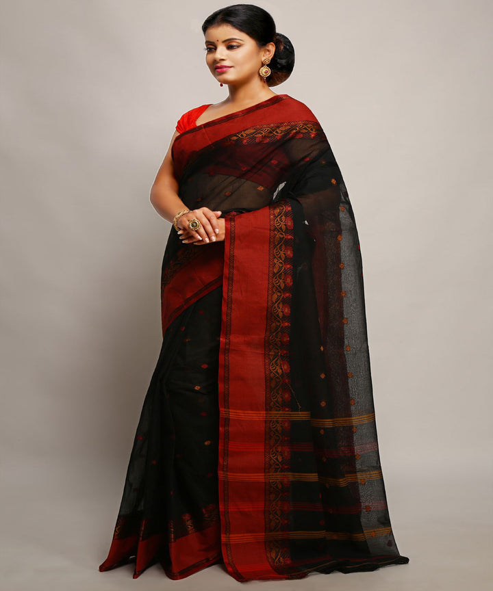 Black maroon handwoven tangail tant cotton bengal saree