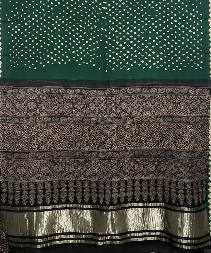 Dark green black hand printed bandhani modal silk saree
