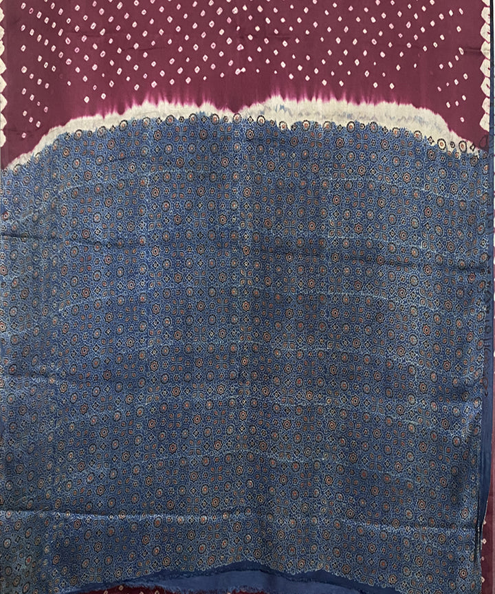 Mauve blue hand printed bandhani modal silk saree