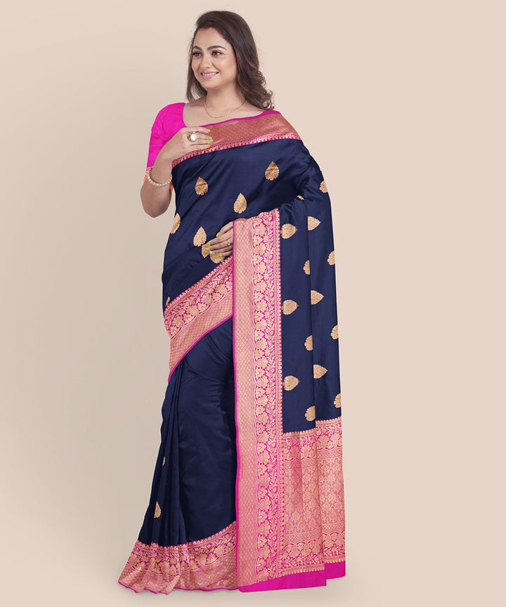 Navy blue and pink silk handloom banarasi saree