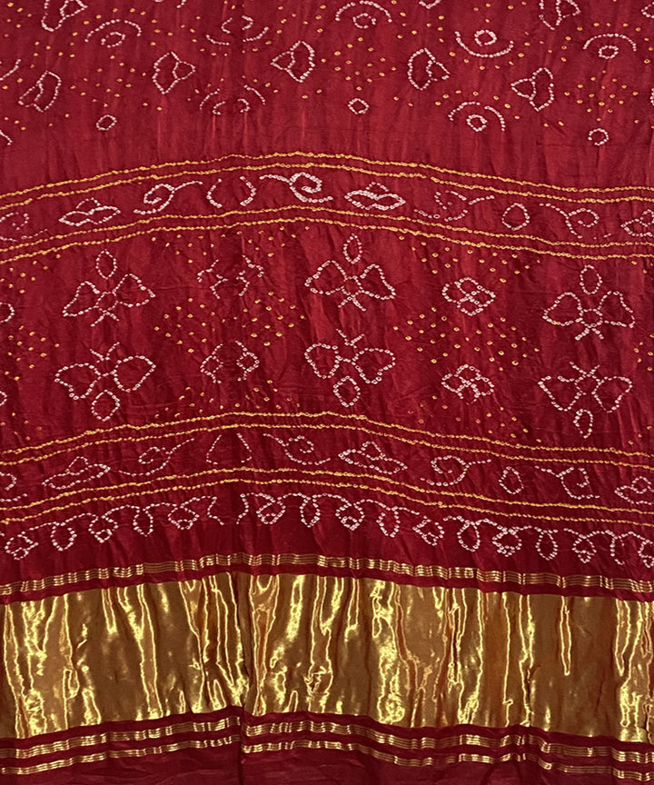 Red hand printed tie dye bandhani gajji silk saree