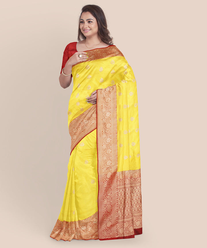 Yellow and red silk handloom banarasi saree