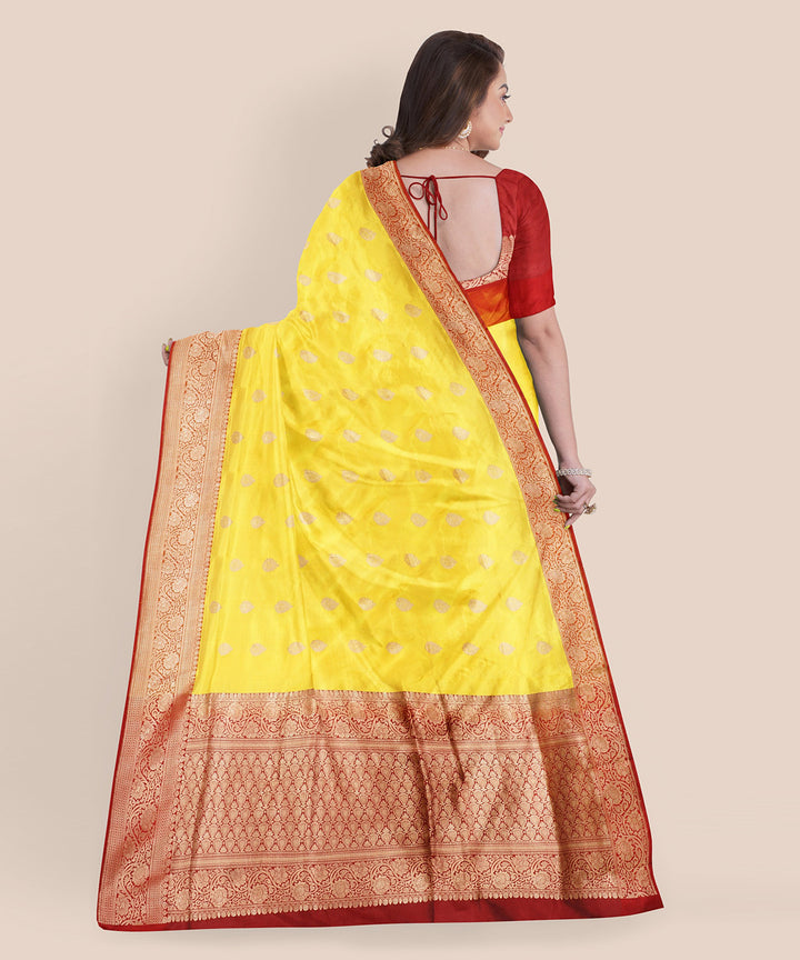Yellow and red silk handloom banarasi saree