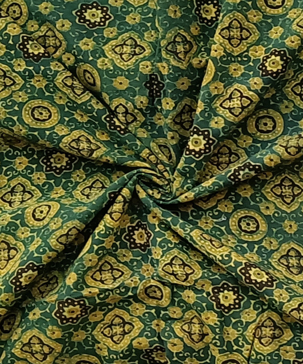 2.5m Green yellow ajrakh print hand spun handloom cotton kurta fabric