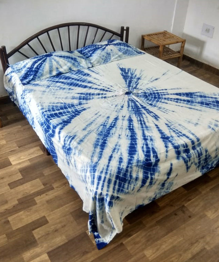 Indigo white handcrafted tie dye cotton double bedsheet