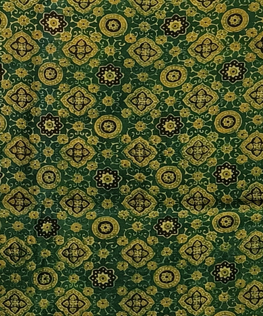 2.5m Green yellow ajrakh print hand spun handloom cotton kurta fabric