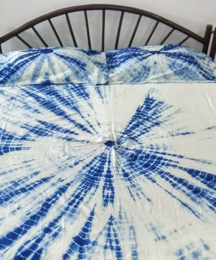 Indigo white handcrafted tie dye cotton double bedsheet