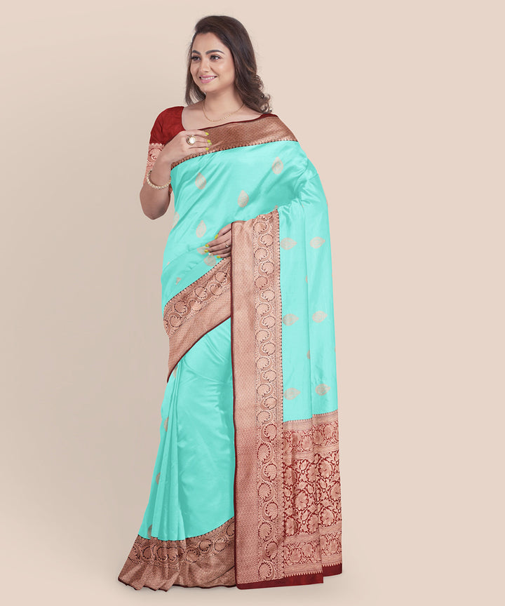 Sky blue and maroon silk handloom banarasi saree
