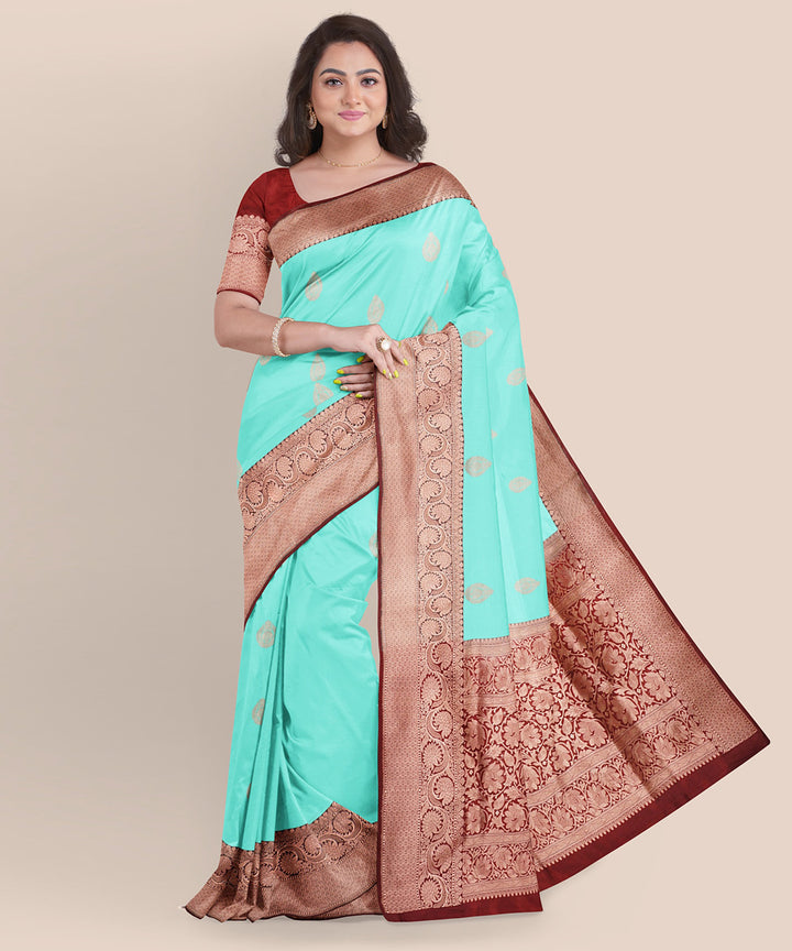 Sky blue and maroon silk handloom banarasi saree