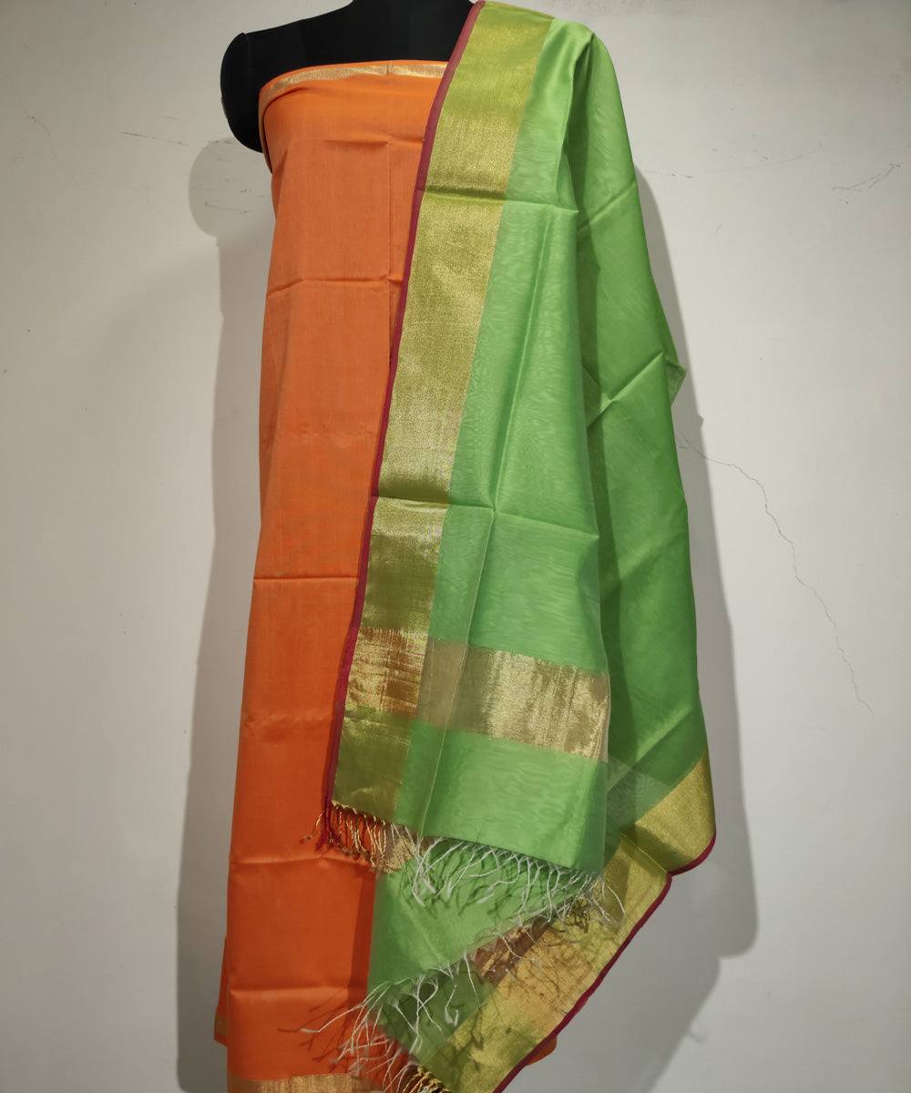 2pc Orange light green handloom maheshwari cotton silk dress material –  GoSwadeshi