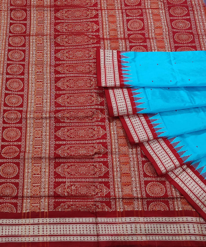 Sky blue red handwoven silk bomkai saree