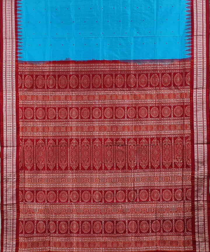 Sky blue red handwoven silk bomkai saree