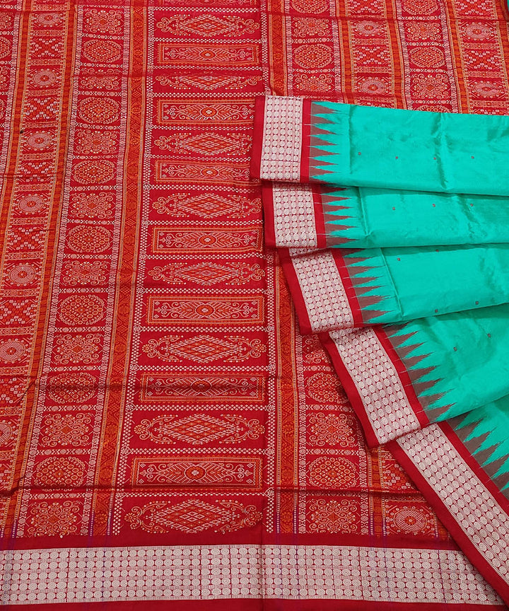 Sea green red handwoven silk bomkai saree