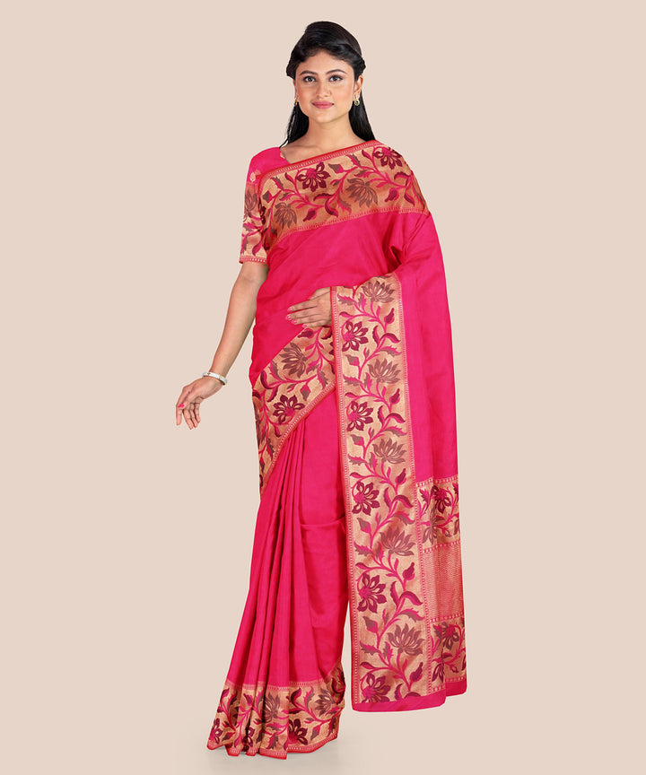 Pink with floral border silk handloom banarasi saree