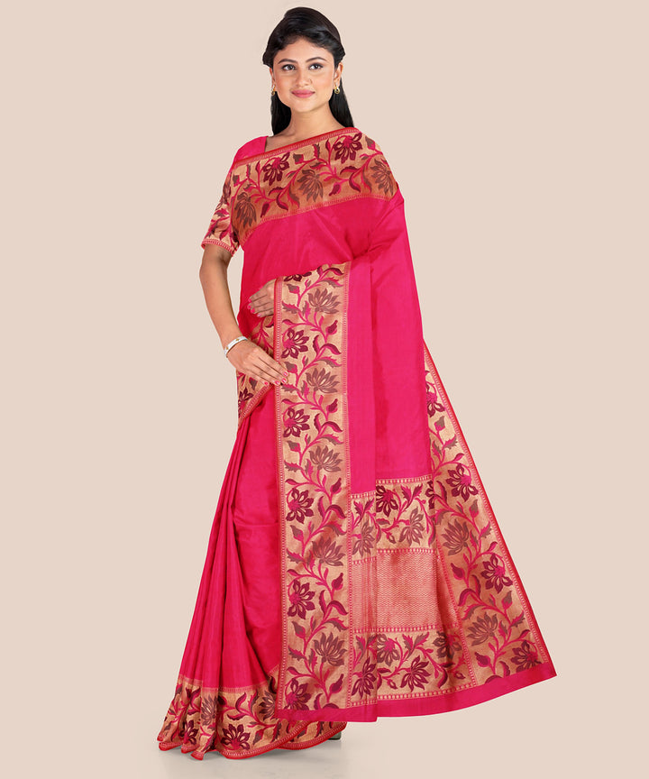 Pink with floral border silk handloom banarasi saree