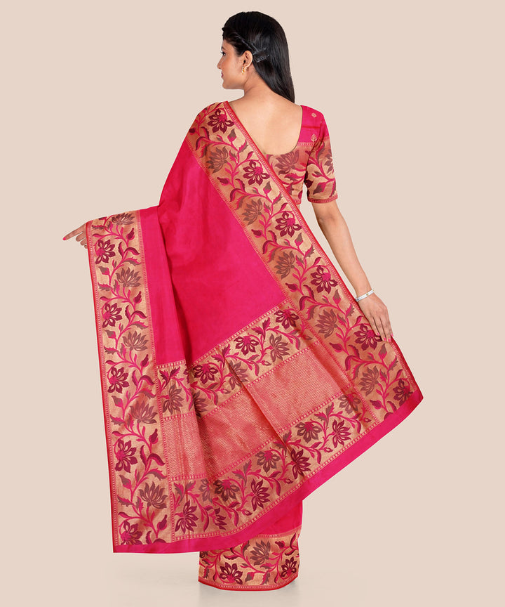 Pink with floral border silk handloom banarasi saree