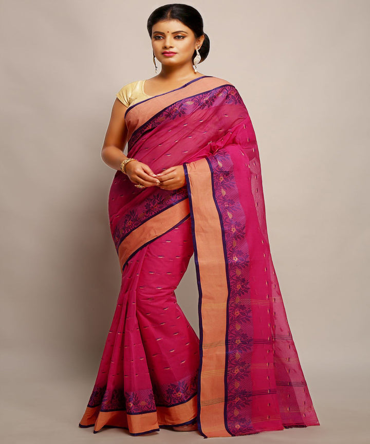 Pink handloom tangail tant cotton bengal saree