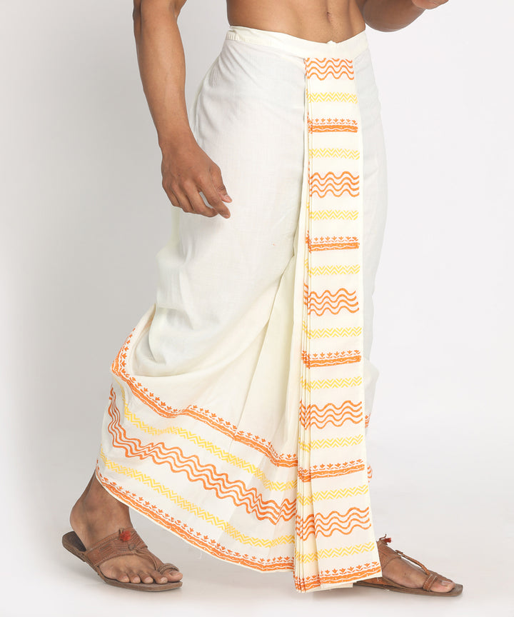 Cream cotton blend  ready to wear stitched handblock print dhoti