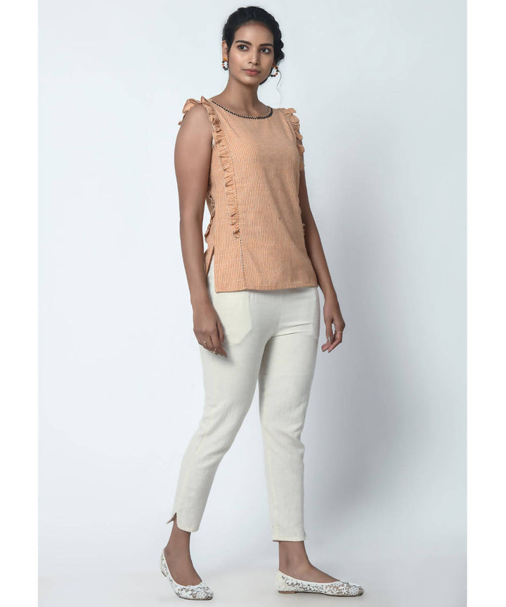 Orange Stripe Hand Embroidered Cotton Frill Top