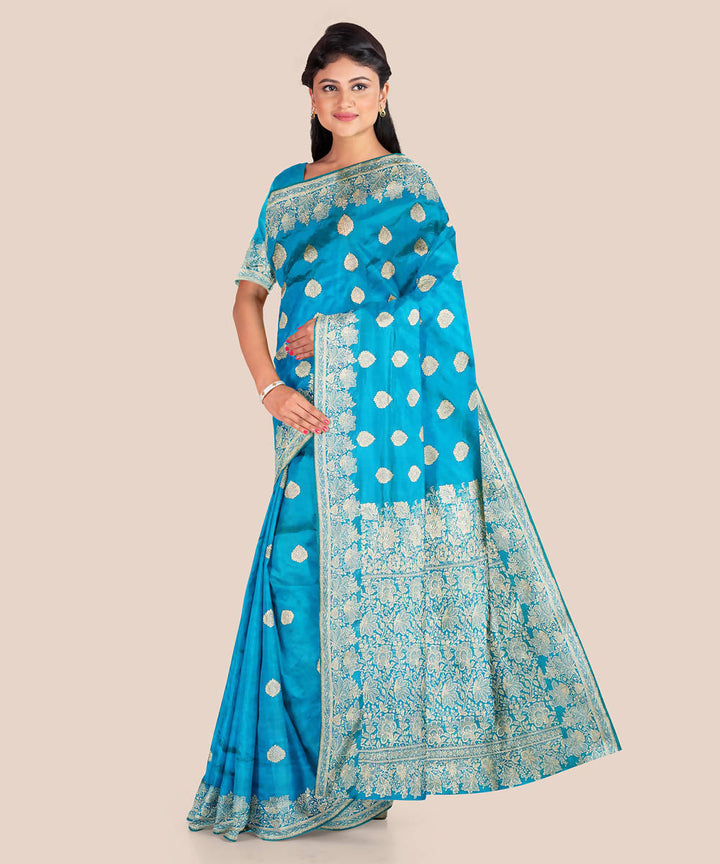 Deep sky blue handwoven silk banarasi saree