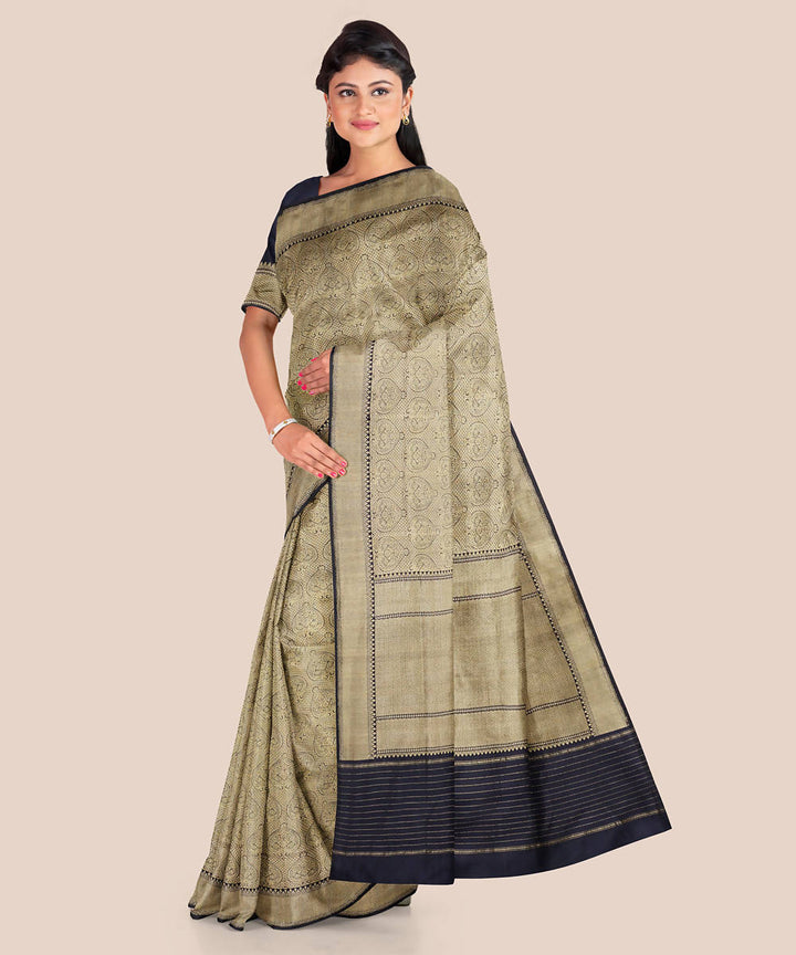 Cream dark navy blue handwoven katan silk banarasi saree