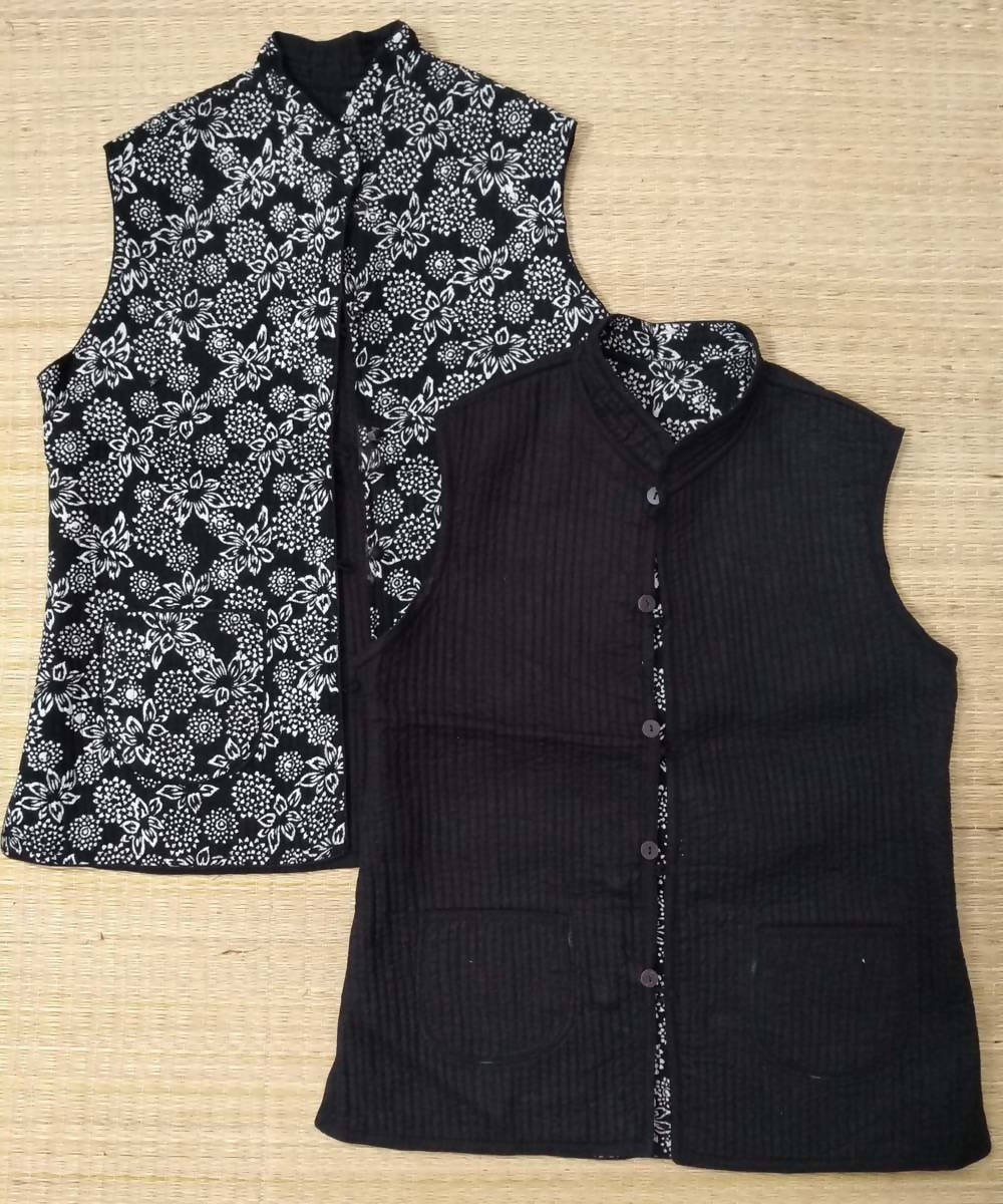 black handblock printed reversible quilted jacket