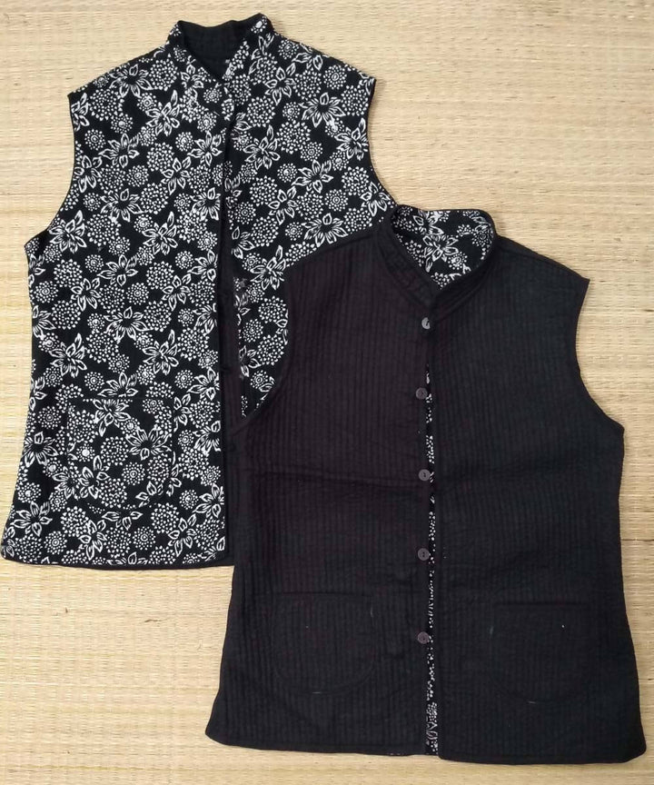 black handblock printed reversible quilted jacket