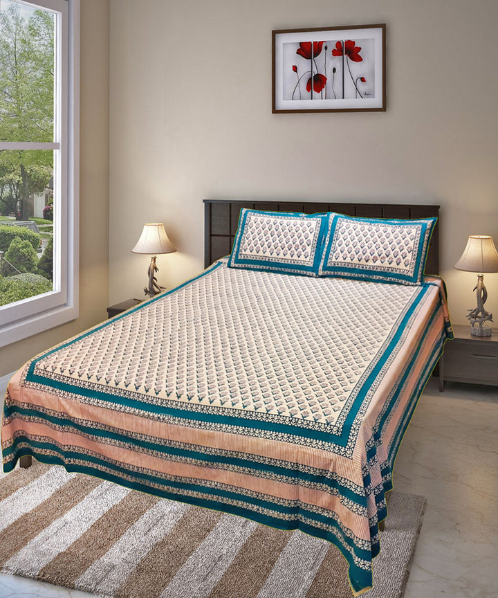 Blue floral hand-block print cotton bed sheet with pillow covers