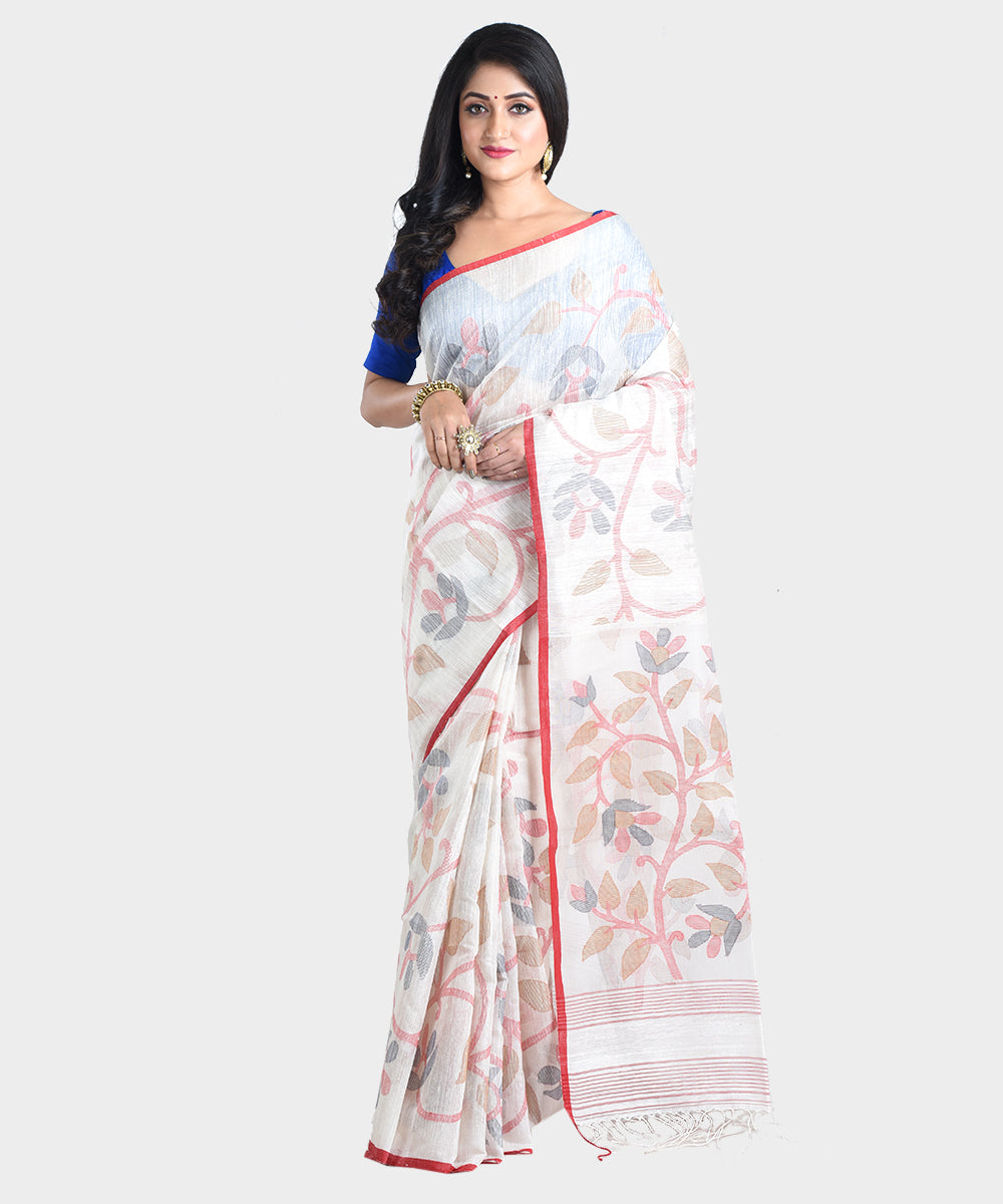 White handwoven jamdani silk saree