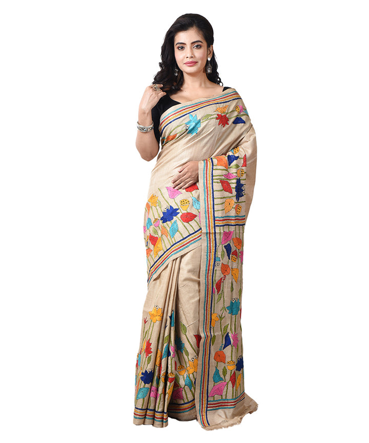 Beige tussar silk bengal hand embroidery kantha stitch saree