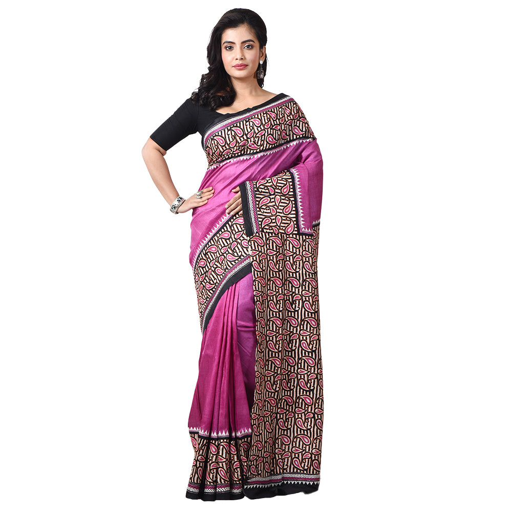 Mauve pink bengal silk hand embroidery kantha stitch saree