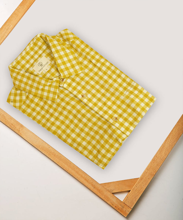 Yellow white checks regular collar cotton shirt