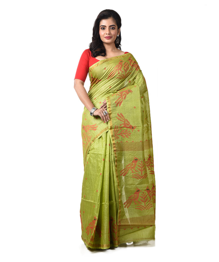 Light green handwoven tussar silk bengal jamdani saree