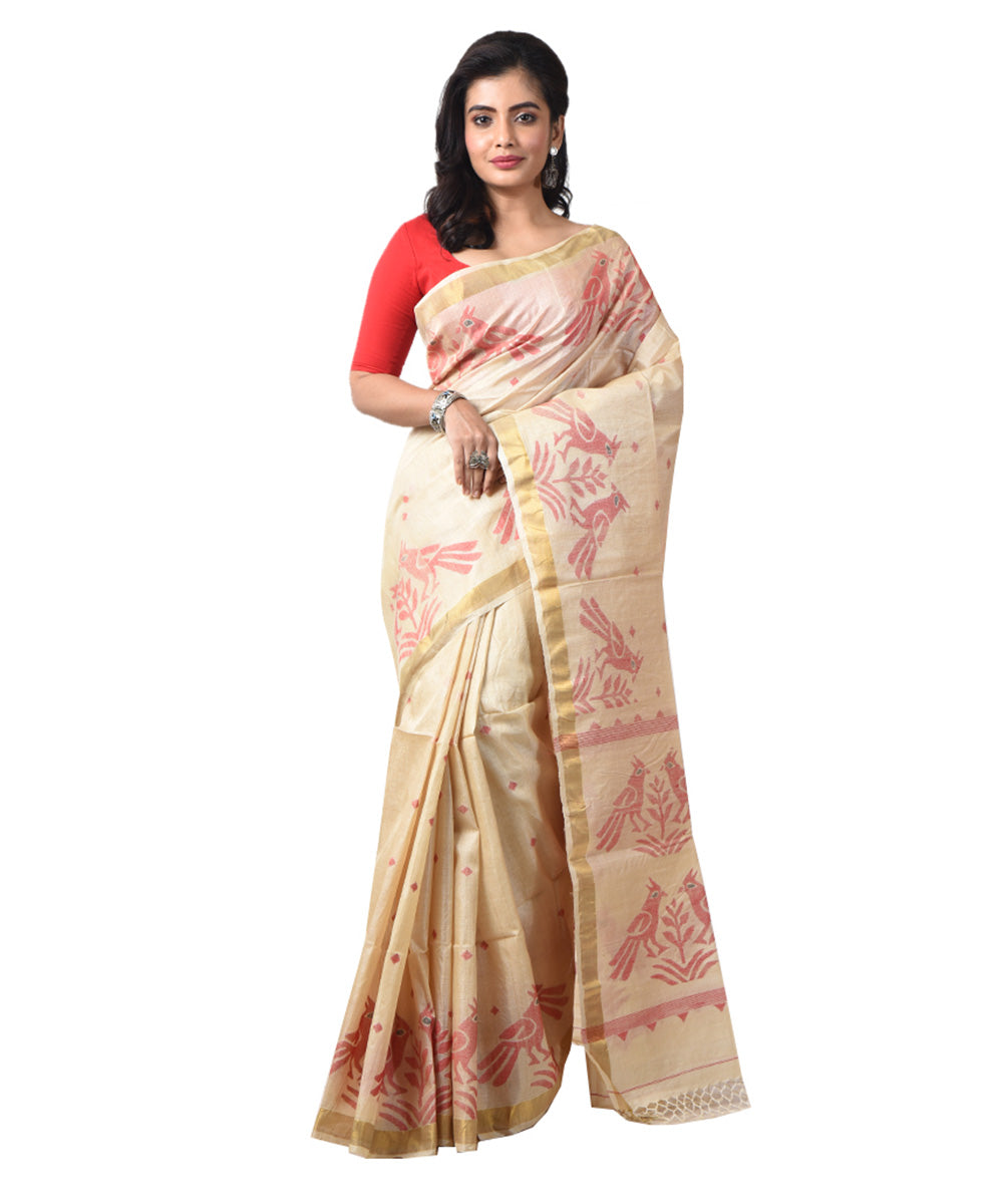 Beige red handwoven tussar silk bengal jamdani saree